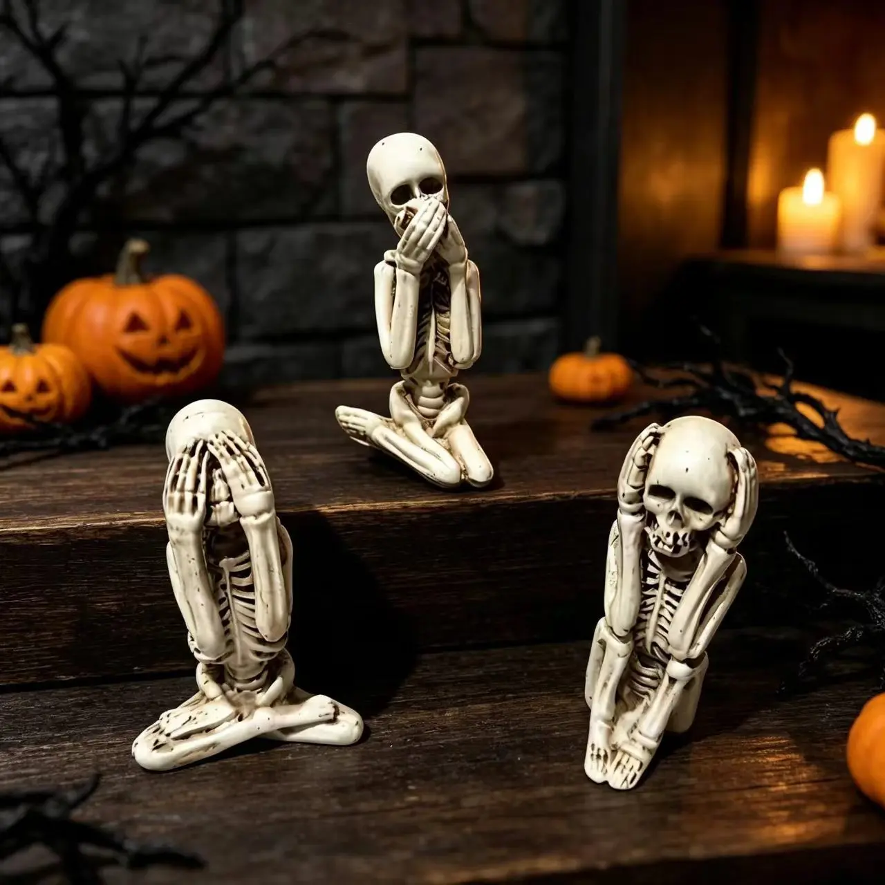 3pcs Halloween Limited Edition Resin Skull Decorations, Vintage Skeleton Statues for Living Room, Dark Theme Tabletop Gifts