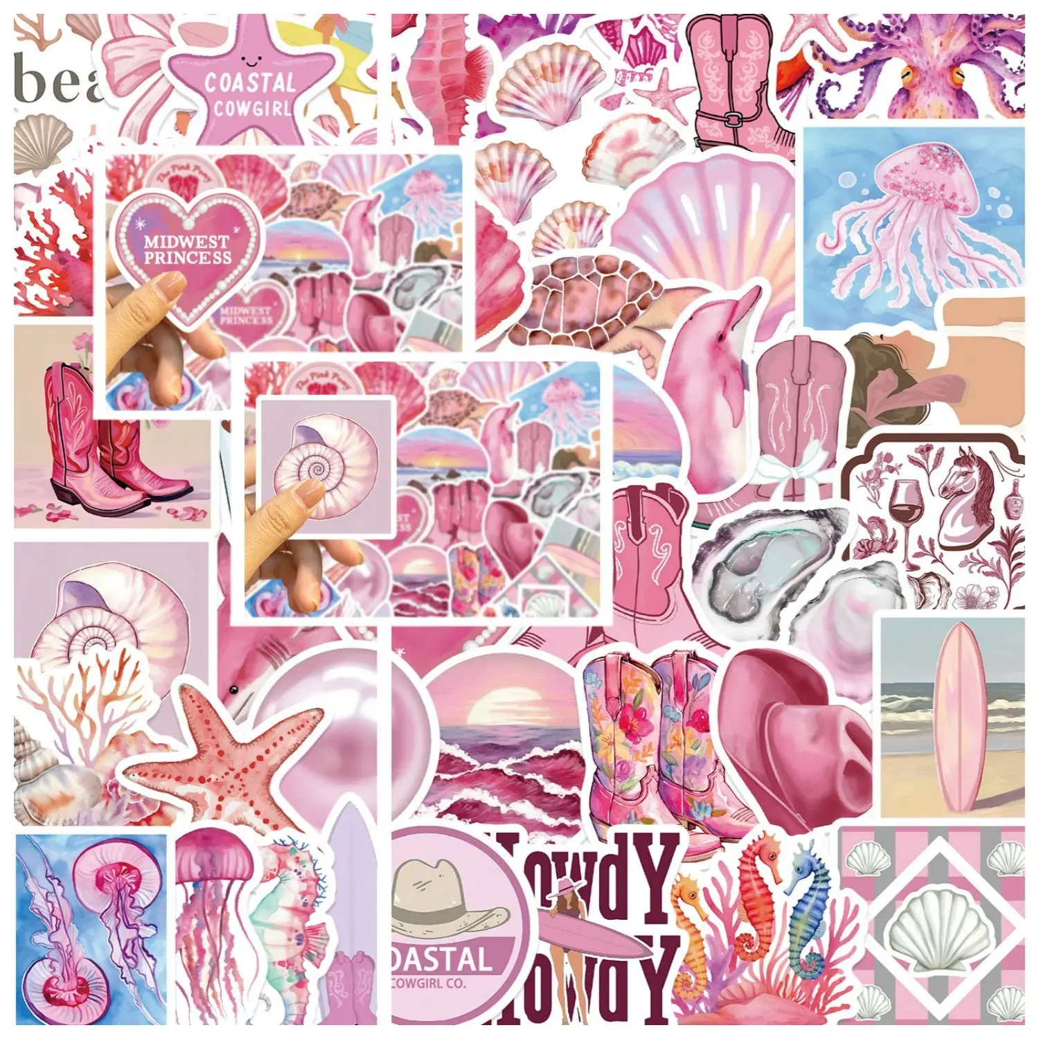 50pcs Coastal Pink Ocean Series Stickers, Cute Stickers, Ocean-themed Decorative Office Stickers, Suitable for Crafts and DIY Creations, Durable Material, Easy To Apply, An Excellent Gift Choice for Ocean-themed Holidays.