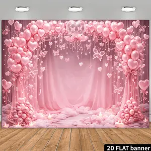 2D flat pink dreamy wedding party backdrop with pearl balloon theme, featuring a pink balloon arch, heart-shaped balloons, glowing butterfly decorations, hanging heart-shaped lights, pink flowers, tulle and cloud carpet, romantic and dreamy style, durable