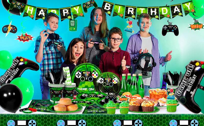 Video Game Birthday Party Decorations for Boys,194pcs Birthday Decorations&Tableware Set-Plates Cups Napkins Tablecloth Balloons