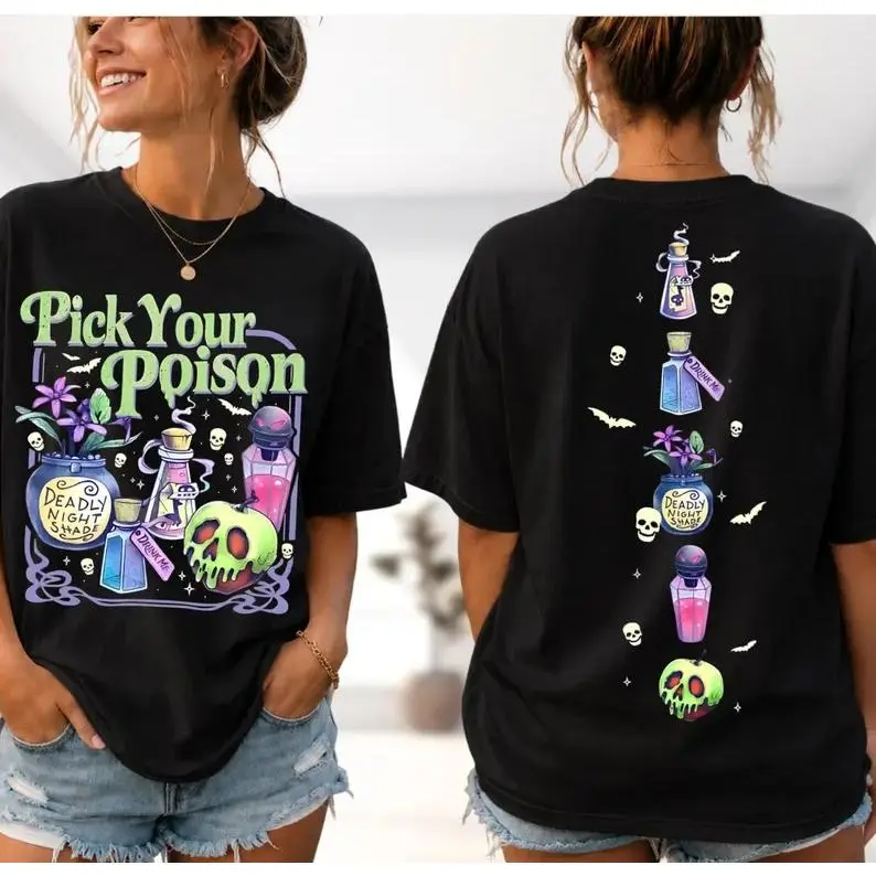 Pick Your Poison Villains T-Shirt, Spooky Potion Halloween Tee, 2 Sided Printing Adult Girls Trip Matching T-shirt