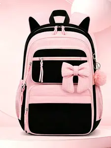 1 Piece Vertical Textured Contrast Trim Backpack Large Bow Ornament Fluffy Pom Pom Pendant Multi-Layer Zipper Compartments Padded Adjustable Shoulder Straps Large Capacity Daily Backpack for Campus Study Daily Commute Weekend Outdoor Trip