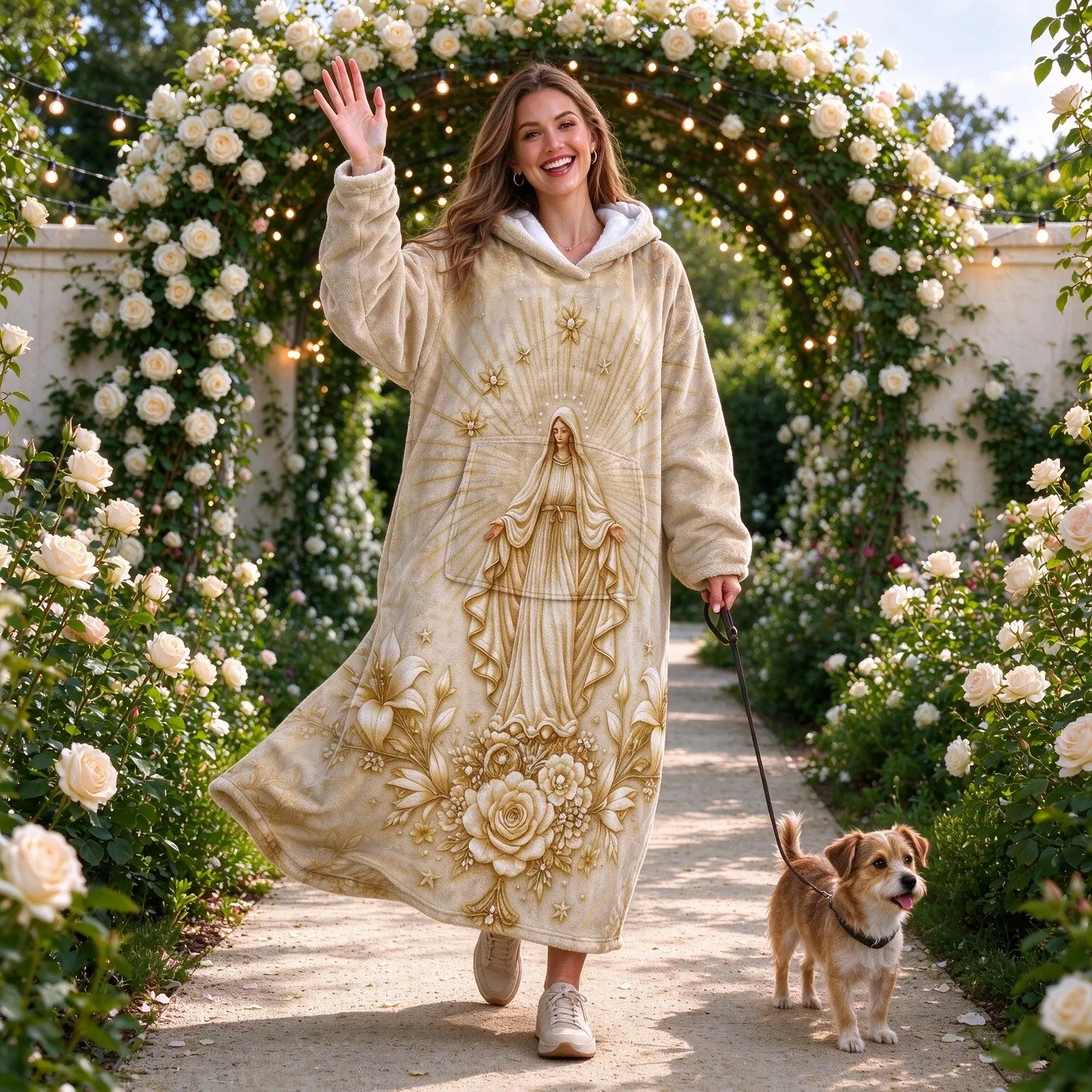1pc Flannel Hooded Wearable Blanket, Virgin Mary with Golden Radiance White Rose & Lily Floral Print, Oversized Pocket Warm Robe Blanket Loungewear, Unisex, Sweet Birthday & Holiday Gift for Wife, Mom, Best Friend