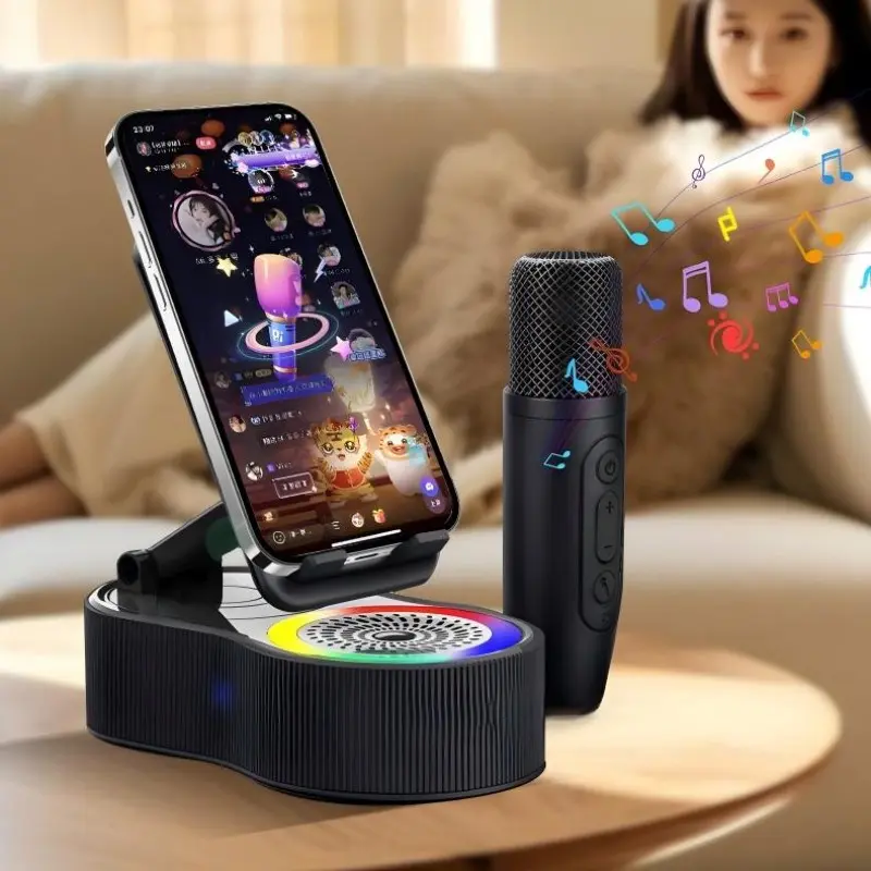 Wireless audio, Bluetooth speaker, 5-in-1, with microphone, phone holder, emergency charging, with color ambient light, 300° foldable, tablet, iPhone, Android, gifts for men and women, holiday gifts