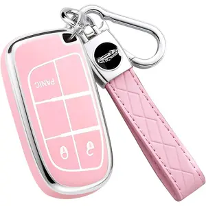 Key Fob Cover for Jeep - Premium Soft TPU Shell Full Protection Case with Keychain, Fits Grand Cherokee Compass Renegade Chrysler Dodge RAM Durango Challenger Journey Dart Fiat, Pink, 3-Button