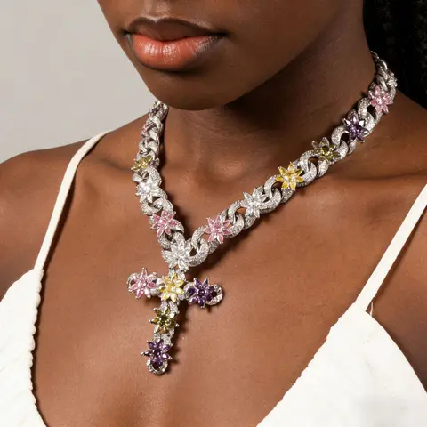 Loveden Women's Silver-Tone Brass Cuban Chain Cross Choker Necklace, Fully Paved Colorful Floral Zircon Statement Jewelry, Ornate Flower-Inlaid Pendant, Halloween Accessory, Gift for Her, 2-Tone Silver-Gold, Durable Daily Chain & Link Jewelry for Women