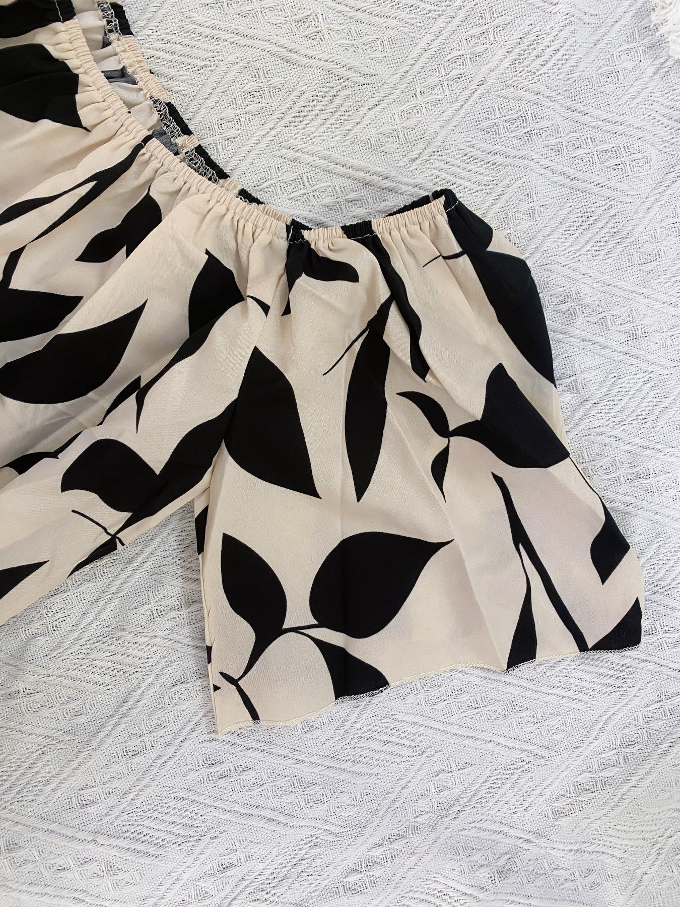 Women's All Over Leaf Print Off Shoulder Tie Waist Romper, Casual Drawstring Waist Jumpsuit for Vacation Holiday, Ladies Clothes for All Seasons