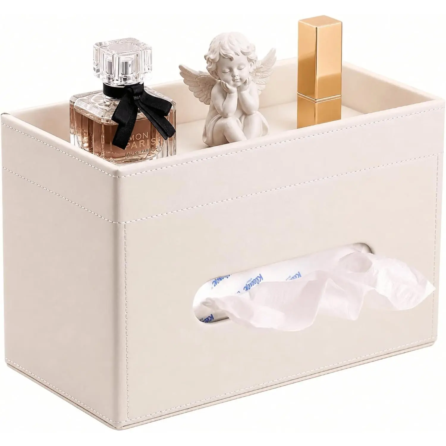 Rectangular Tissue Box Cover with Storage, PU Leather Tissue Holder