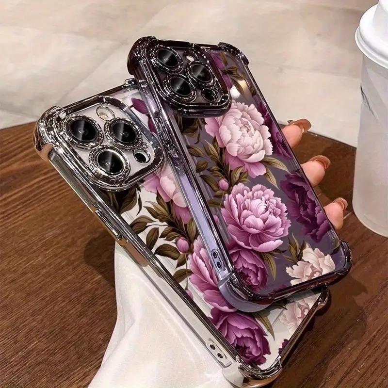 Purple Peony Pattern, Four-corner Electroplating Anti-drop, Non-slip TPU Full-cover Lens Mobile Phone Protective Case, Suitable for IPhone 17 16 15 14 13 12 11 XS X and Other Series Models, Can Be Given As A Gift To Friends or Family