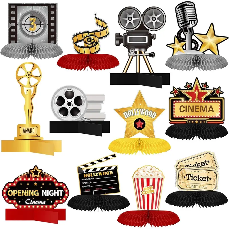 12 Pieces Movie Night Party Decorations Supplies Movie Theater Honeycomb Centerpiece 3D Microphone Ticket Star Video Paper Centerpiece Sign Table Decoration for Theater Birthday Party Favors