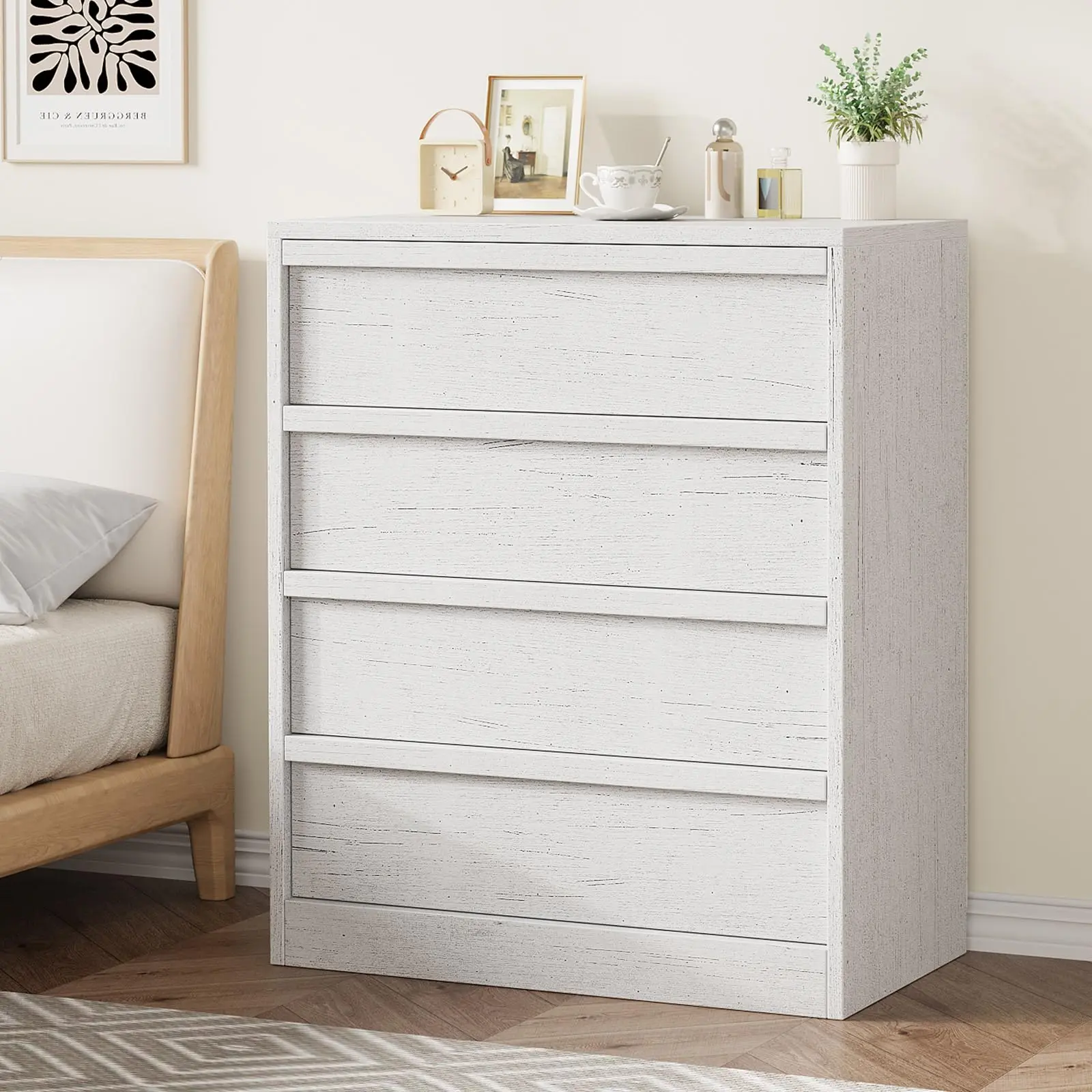 OP-Garvee 39" High Capacity 4-Drawer Storage Cabinet - Minimalist Wooden Dresser for Nursery & Entryway, Space-Saving Tall Bedside Table in Natural Oak FinishModern style, beautiful and simple, with anti-tipping design Modern Geometric Console