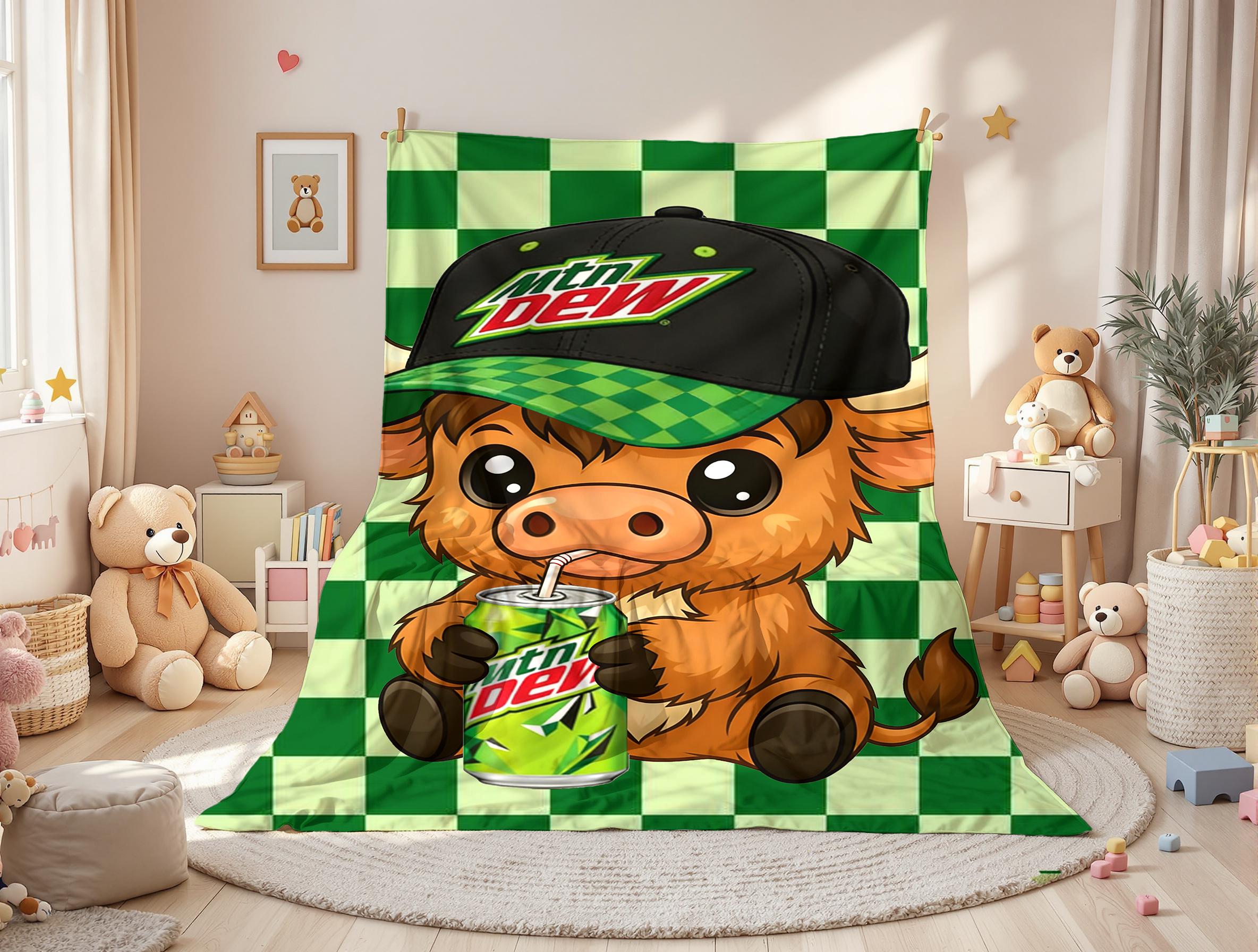 Cute Highland Cow Pattern Mtn Dew Baja Blast Blanket,Mountain Dew Sitting Highland Cow Blanket Soft Warm Throw Blanket, Warm Nap Blanket for Home Office Travel Camping