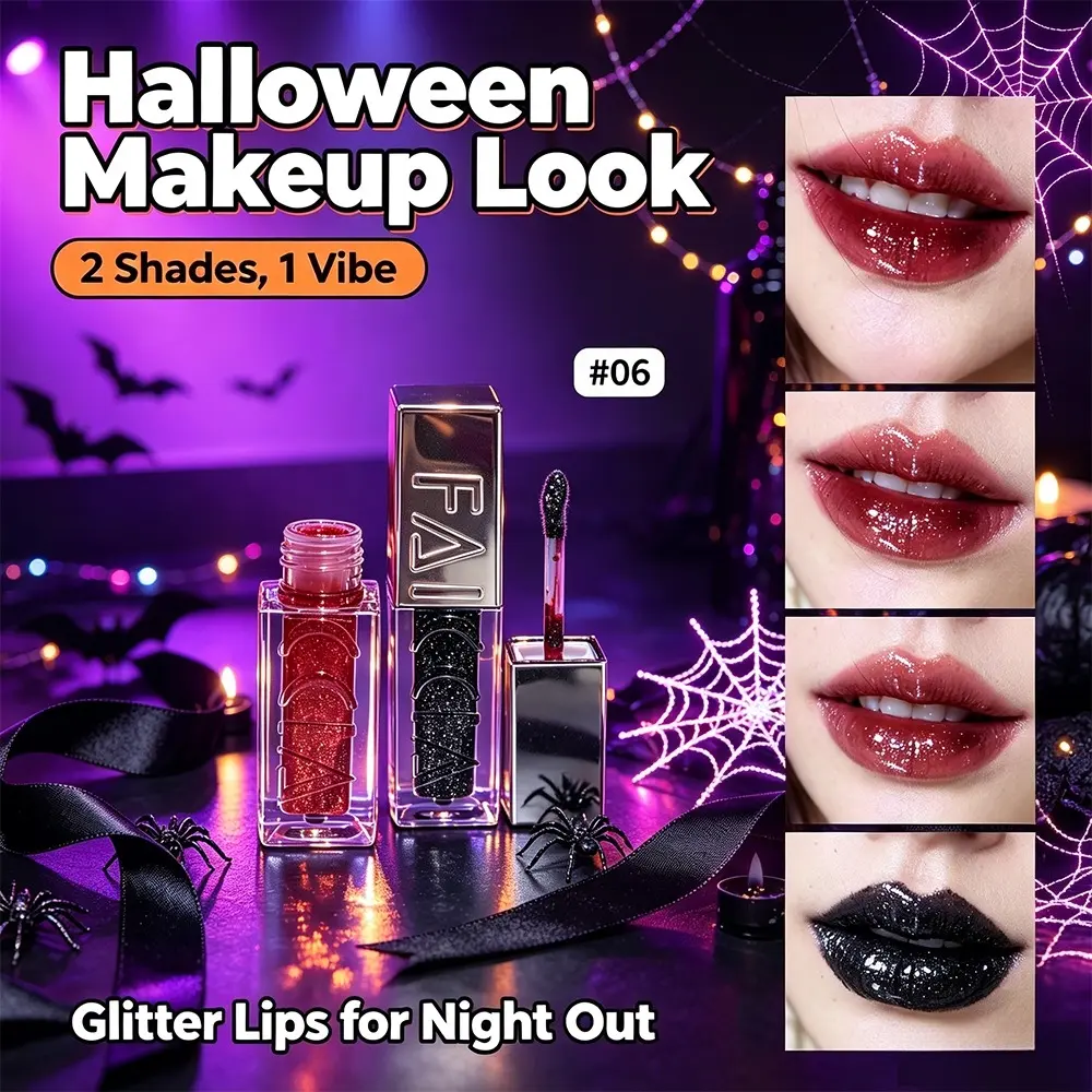 Halloween‑themed 2‑Piece Lip Gloss Makeup Set, Fine‑glitter Mirror Glass Lip Gloss, #06 Wine Red #07 Cool Black For Moody Dark Lip Look, Glossy Finish, Great For Party Shooting & Stage Show, Play‑makeup Lovers Lip Combo.