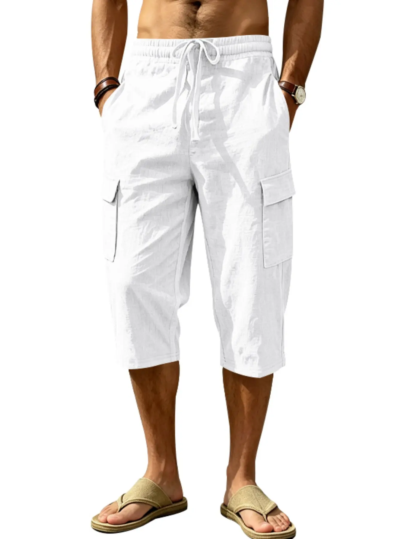 Men's Linen Casual Pleated Capri Pants, Tropical Summer Loose Fit Drawstring Waist, Breathable Lightweight, Side Pockets, Comfortable Daily Wear, Casual Beach Pants