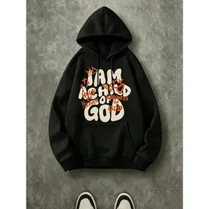I Am A Child Of God Bubble Graffiti Letter Hoodie, 270G Brushed Fleece Crown Cross Vintage Christian Front Print Black Hooded Sweatshirt, Y2K Faith Streetwear Pullover For Men Women Long Sleeve Tops Womenswear