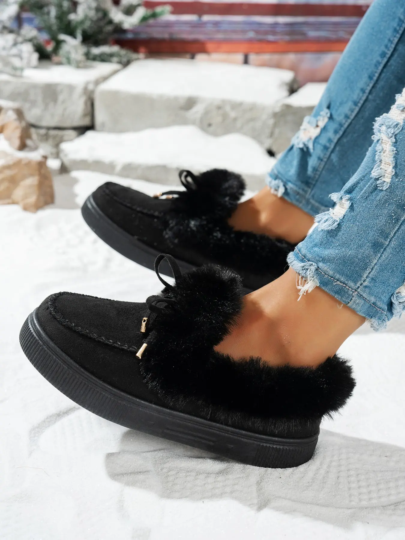Women Fuzzy Trim Moccasin Loafers, Bow Decor Slip On Winter Platform Flats, Round Toe Furry Collar Casual Daily Walking Shoes for Ladies