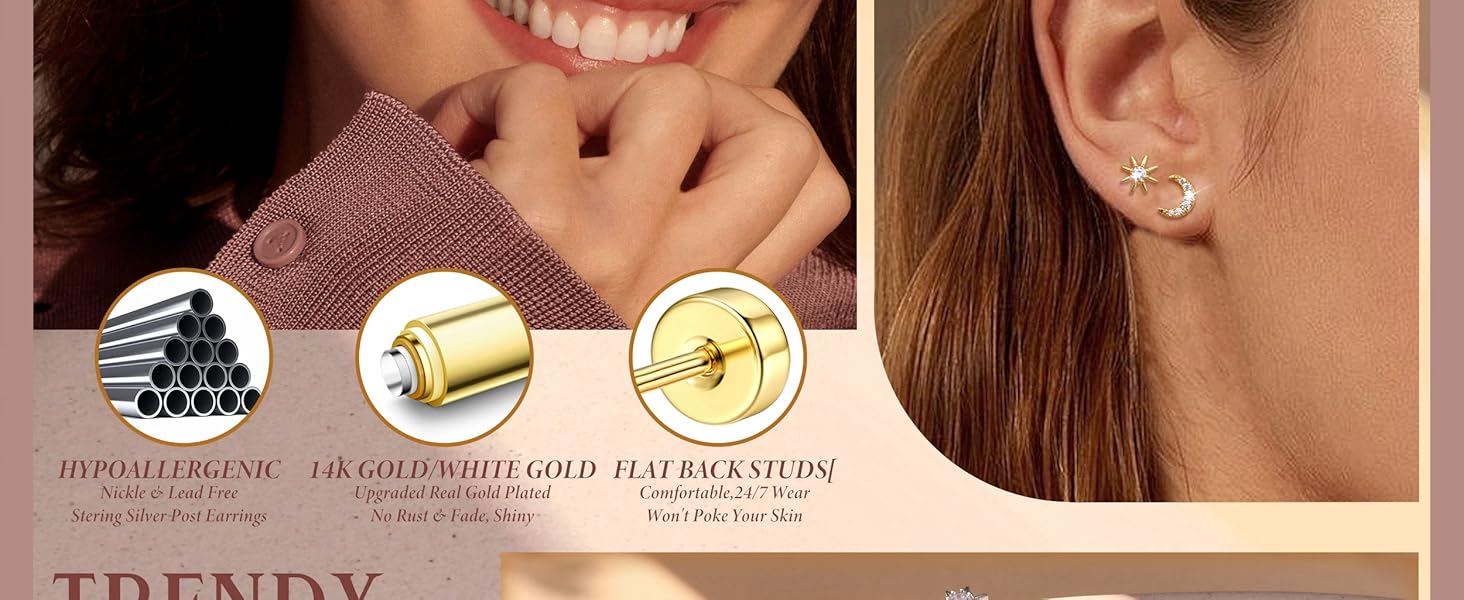 ZELORES  1Pair Gold Plated Flat Back Earrings for Women Silver Post Stud Earrings for Multiple Piercing Small Dainty Helix Tragus Cartilage Stud Trendy Flat back Stud Earrings