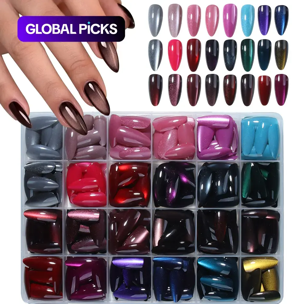576 Pcs Long Almond-Shape Crystal Cat Eye Glossy Nail Tips Set, Blue & Wine Shades, Acrylic False Nails, Nail Art Products, DIY Nail Art #GLOBAL PICKS