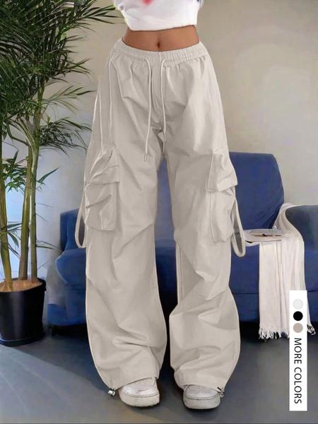 High Waist Drawstring Comfortable Wide Leg Cargo Pants, Casual Sporty Trousers, Elastic Cuffs and Fold over Pockets for Casual Street Style