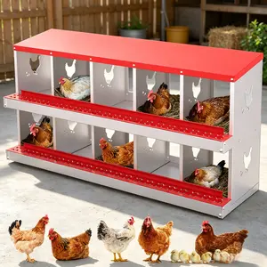10-Hole Roll Out Chicken Nesting Box, Galvanized Steel Poultry Laying Box for Hens, Wall Mount & Floor Coop Egg Collection Nest with Folding Perch, Red & Silver