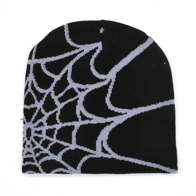 Dark Punk Streetwear Knit Beanie for Men Women, Spider Web Jacquard Design, Y2K Unisex Fall Winter Outdoor Cycling Hat, Warm Thermal Skull Cap for Urban Hip Hop Style