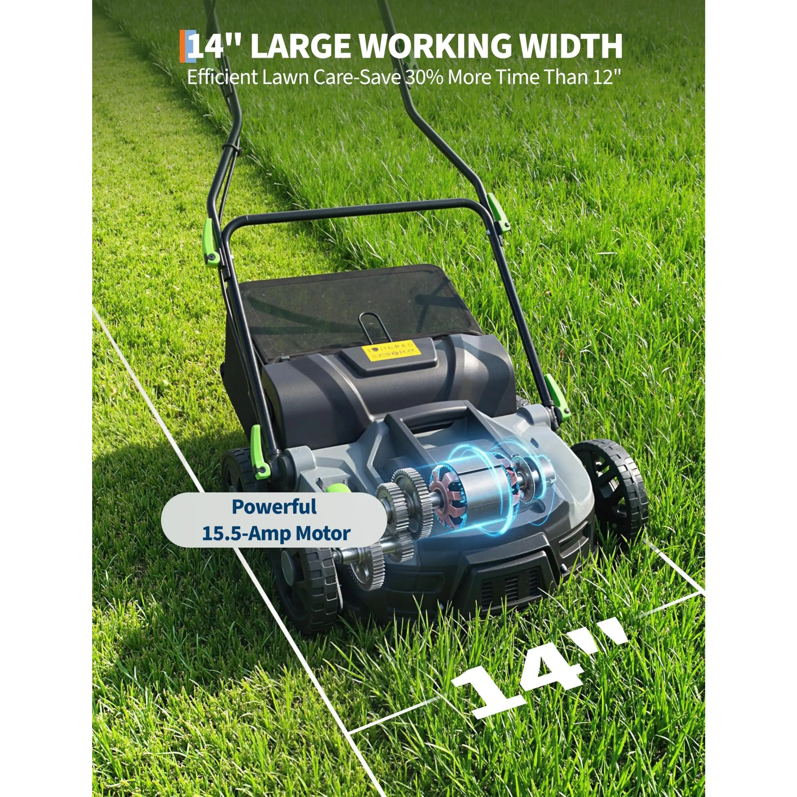 15.5 Amp 2‑in‑1 Electric Lawn Dethatcher & Scarifier,14‑Inch Steel Blades,5‑Position Depth Adjustment,14.5 Gal Collection Bag,Adjustable Handle,Model A03‑102B