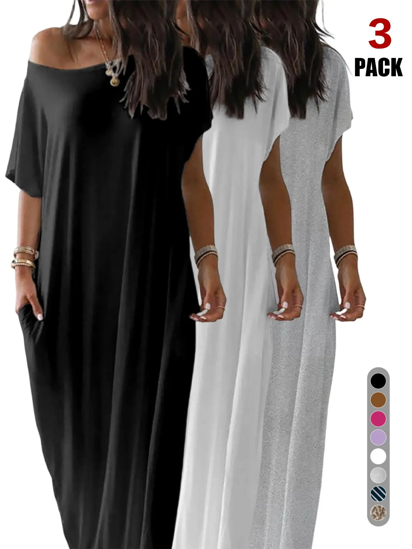 Loose Flowy off Shoulder Maxi Dress for Women, Short Sleeve Side Pocket Casual Long Dress, Soft Stretch Lightweight Home & Beach Boho Lounge Dress