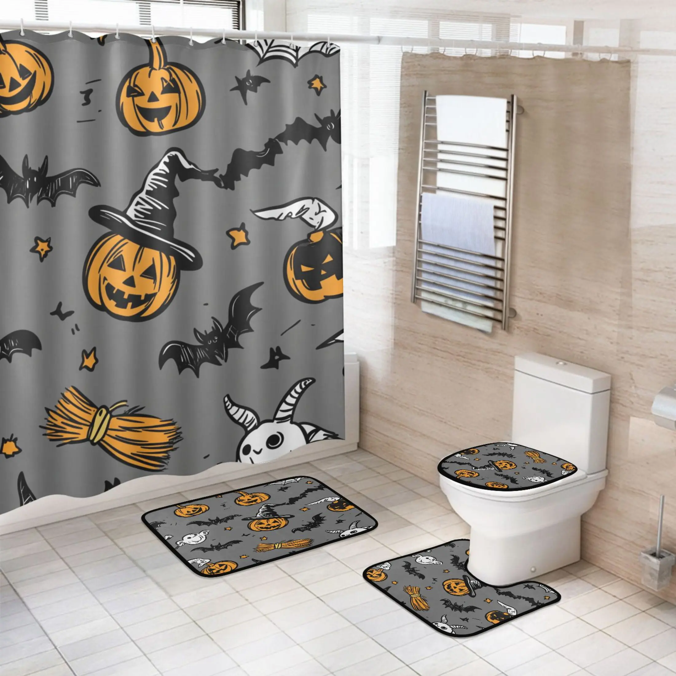 Flannel Bathroom Full Set, 4-Piece Bathroom Accessories with Waterproof Shower Curtain, Non-Slip Bath Mat, U-Shaped Mat & Toilet Lid Cover (Black Pumpkins and Bats Design), Bathroom Sets Full Set