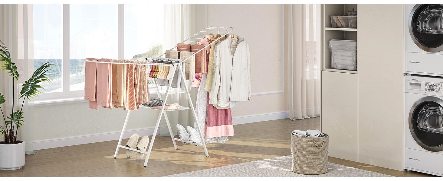 Drying Rack Clothing, Clothes Drying Rack Foldable, Laundry Drying Rack Collapsible for Sweater Indoor, Gullwing Clothes Rack Drying with Rails, White