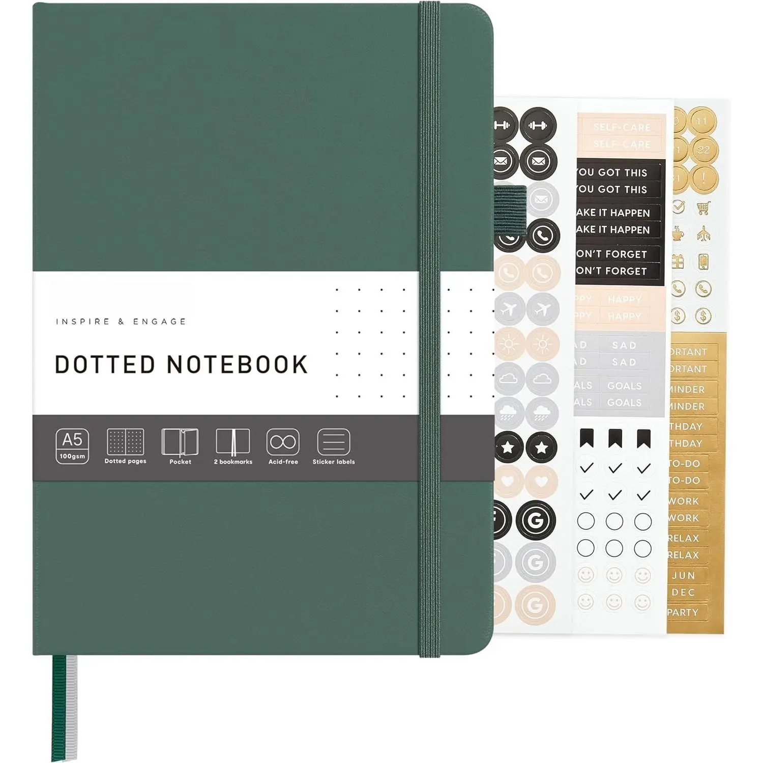 Dotted Journal - A5 Hardcover, Dot Grid Notebook for Planning & Journaling, 160 Pages 100gsm Pa, Stickers - 5.7"x8" (Dark Green)
