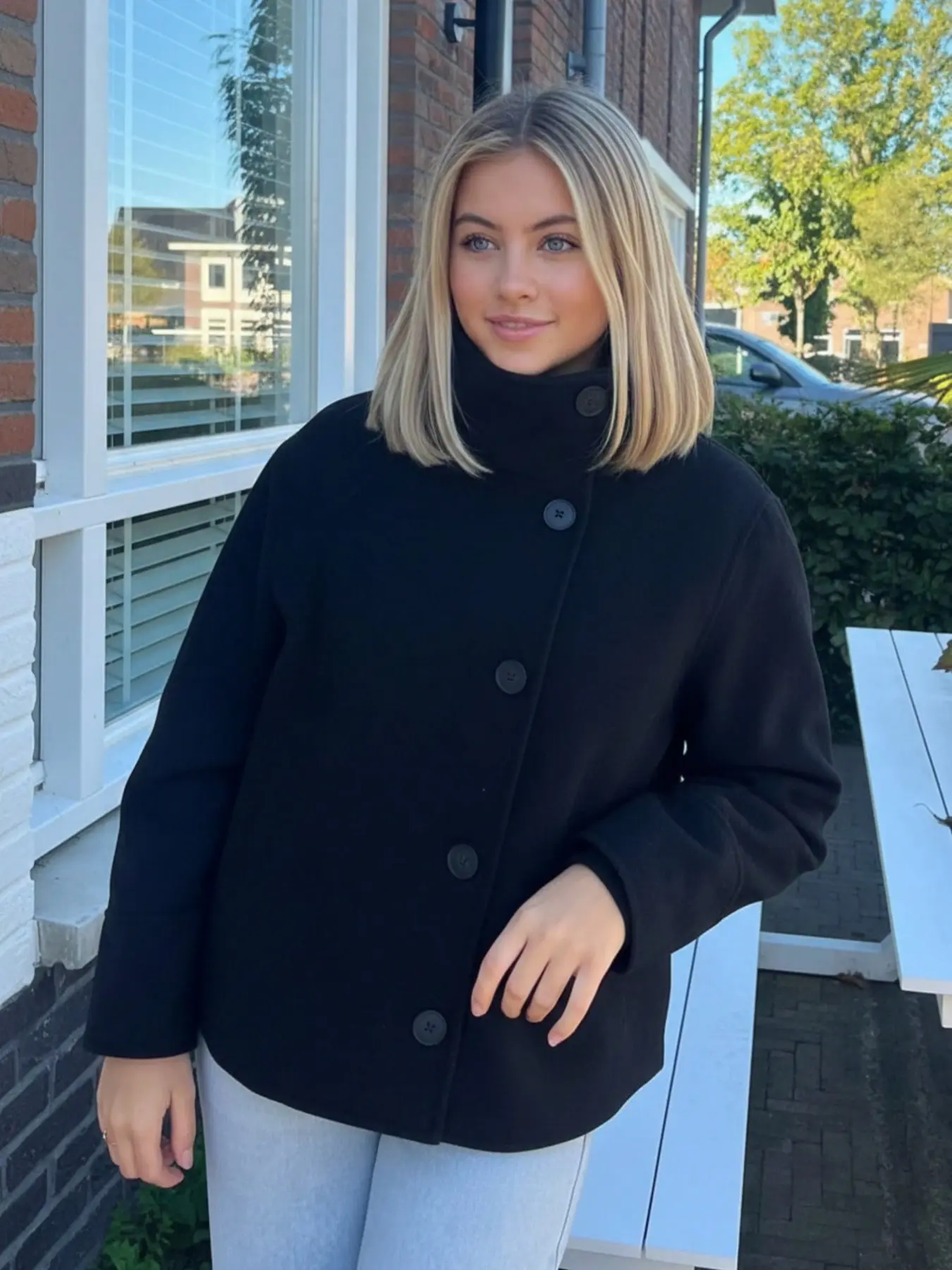 Women's Fall Casual Elegant Fashion Loose Simple Stand Collar Jacket, Long Sleeve Button Closure, Medium Length, Solid Pattern, Coats