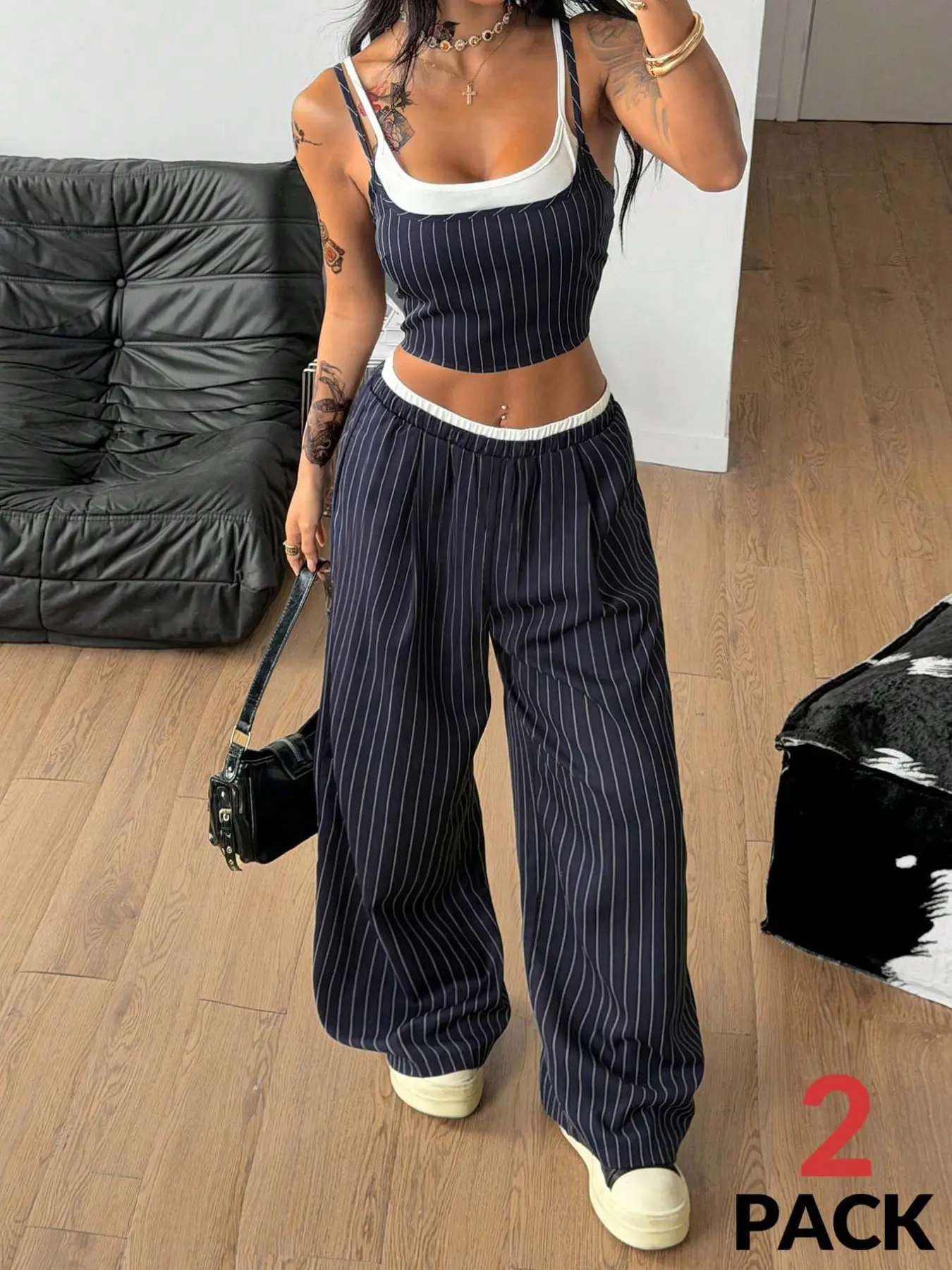 Women's Sporty Casual Chic Striped Two-Piece Set, Thin Strap Short Top and Long Baggy Pants, Summer Party, Perfect for Dates and Vacations