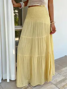 Women's Light High Waist Layered Ruched Long Skirt, Bohemian Flowy Vacation Dress, Elastic Waist, Textured Fabric