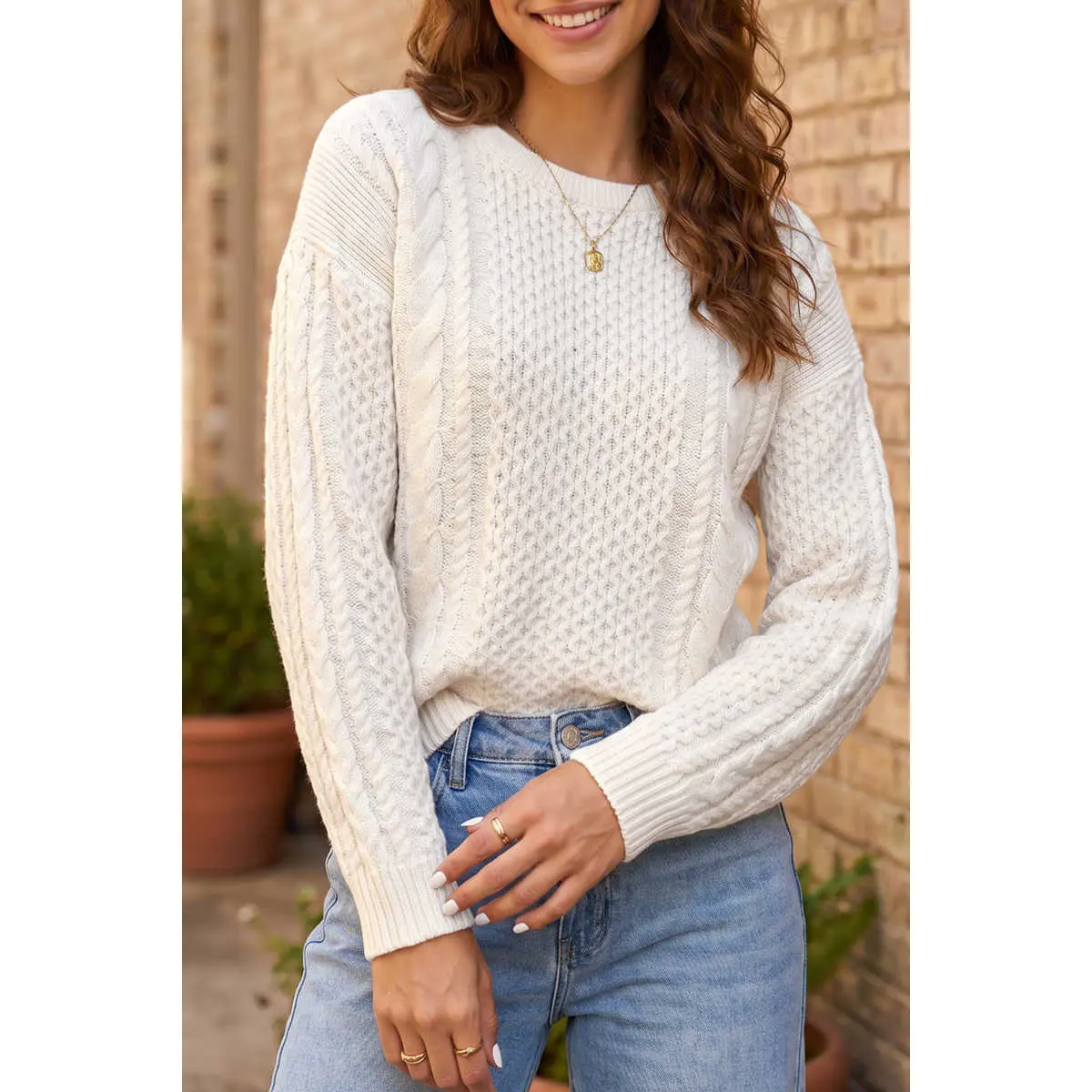 Beige Solid Color Cable Detail Knit Loose Round Neck Sweater