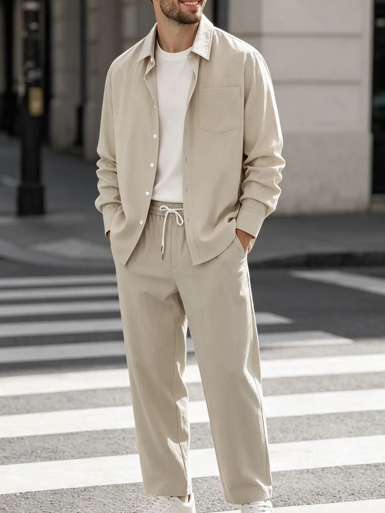 Men's Solid Khaki Minimal Relaxed Vibe 2 Piece Matching Outfit, Long Sleeve Crinkle Wrinkle Texture Button Up Shirt With Chest Pocket, Elastic Drawstring Flowy Wide Leg Trousers, Loose Breathable Co-ord Suit For Commute Street Travel & Home Loungewear