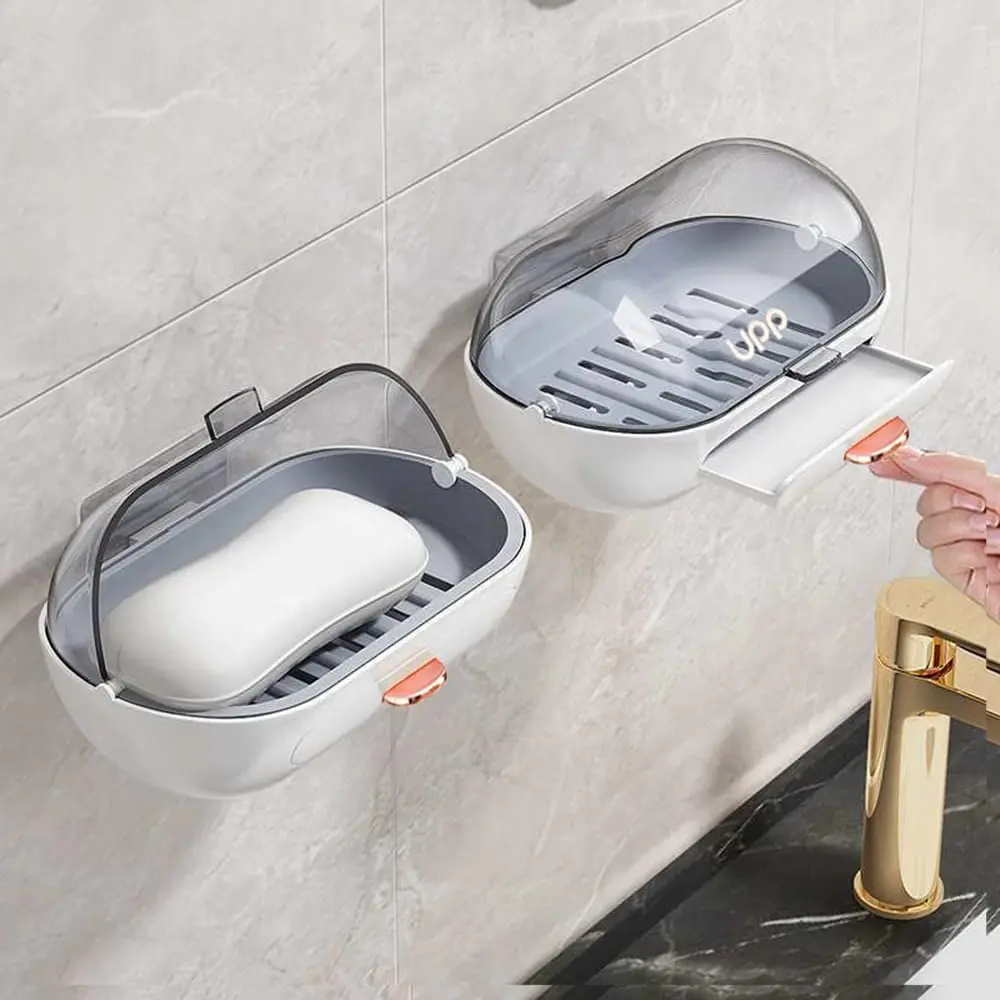 2 Pack Shower Soap Dish Holder with Lid, Bar Soap Holder with Drain, Wall Mounted Soap Box Container for Shower,,, Sink, Included