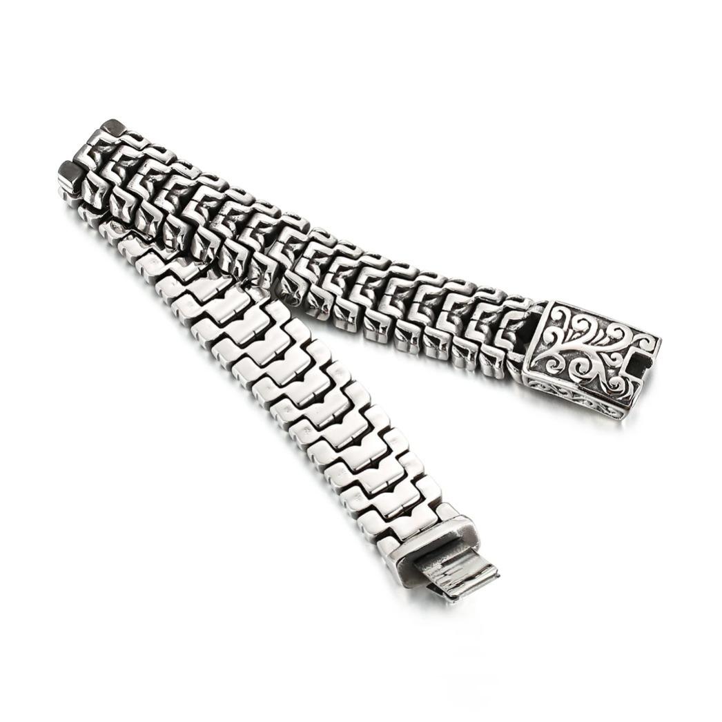 Vintage Carved Cuban Link 16mm Wide Bracelet for Men, Retro Engraved Stainless Steel Wrist Chain, Punk Rock Biker Jewelry Gift