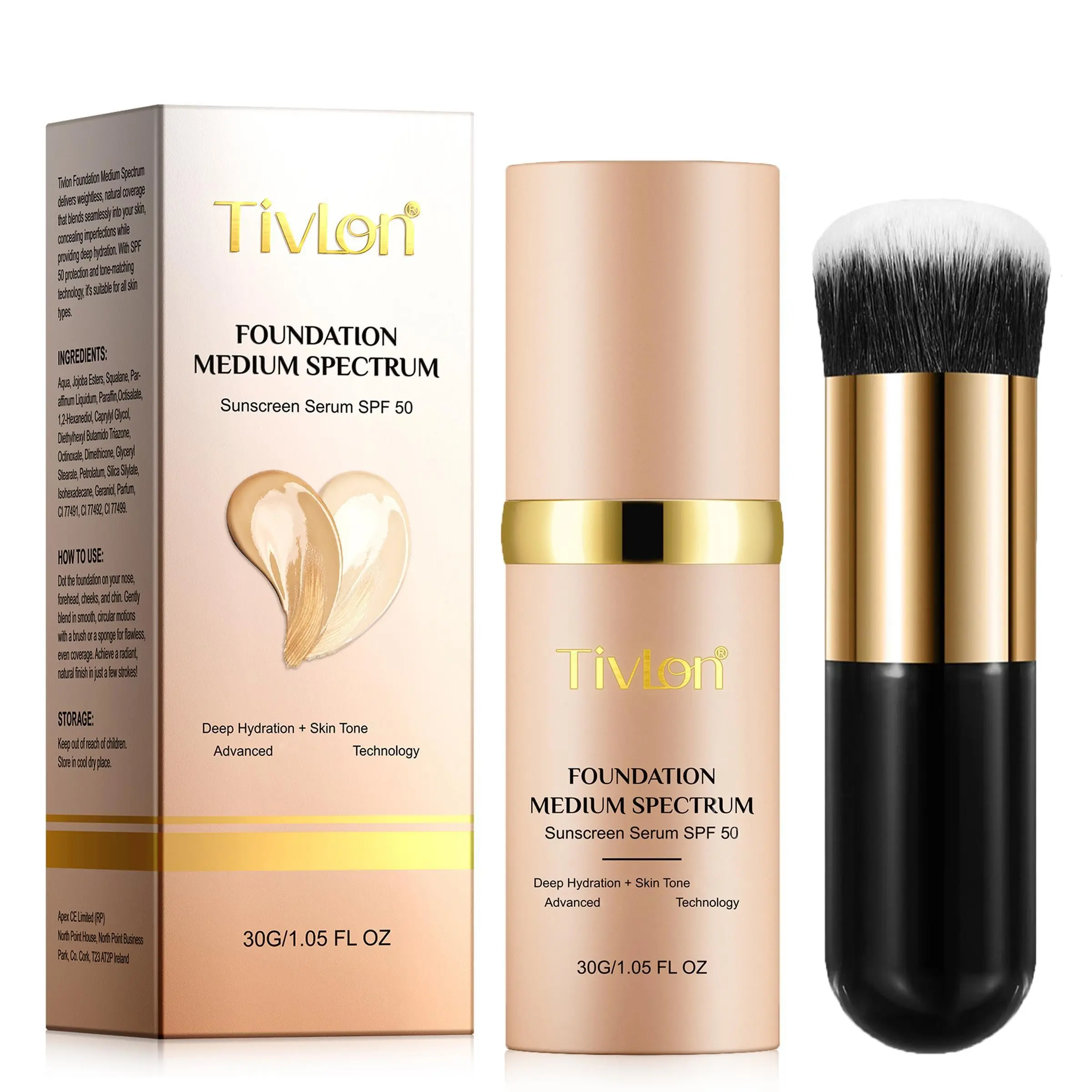 Tivlon Color-Changing Foundation 30g + 1 Black Makeup Brush, 4-in-1 Foundation, Color-Changing Foundation, Lightweight Coverage, Long-Lasting and Waterproof, Medium Shade, SPF 50, Hypoallergenic and Moisturizing Liquid Concealer