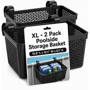 2 Packs XL Poolside Storage Basket – All in One Swimming Pool Organizer – Made in Europe – Ideal for Above Ground Pools & Patio Accessories (Black)