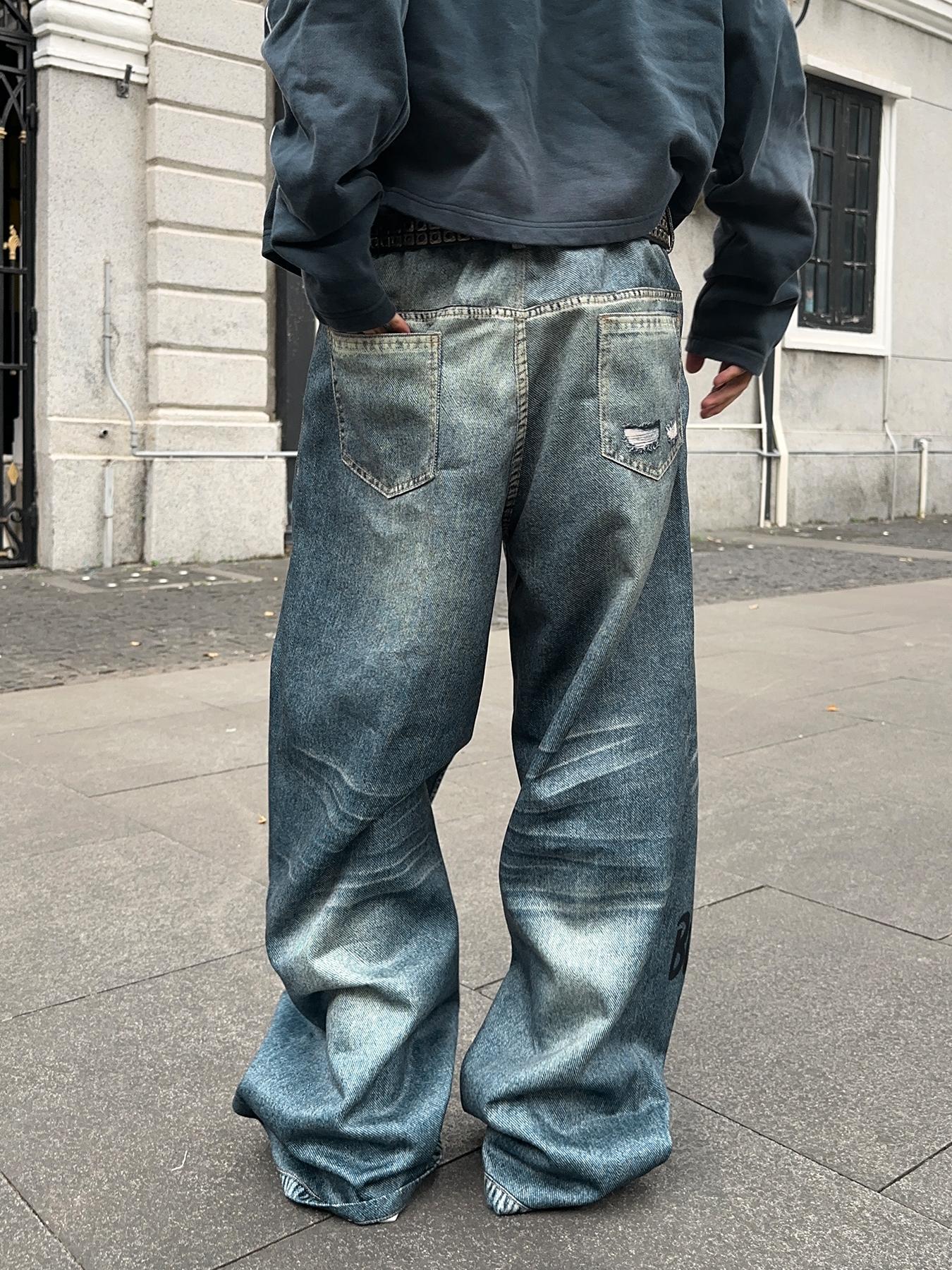 Men's Star Patched Denim Effect Print Pocket Wide Leg Pants, Loose Street Fashion Casual Pants for Daily Wear, Men's Bottoms for All Seasons, Casual Comfy Pants, Star Print Pants, Ripped Streetwear