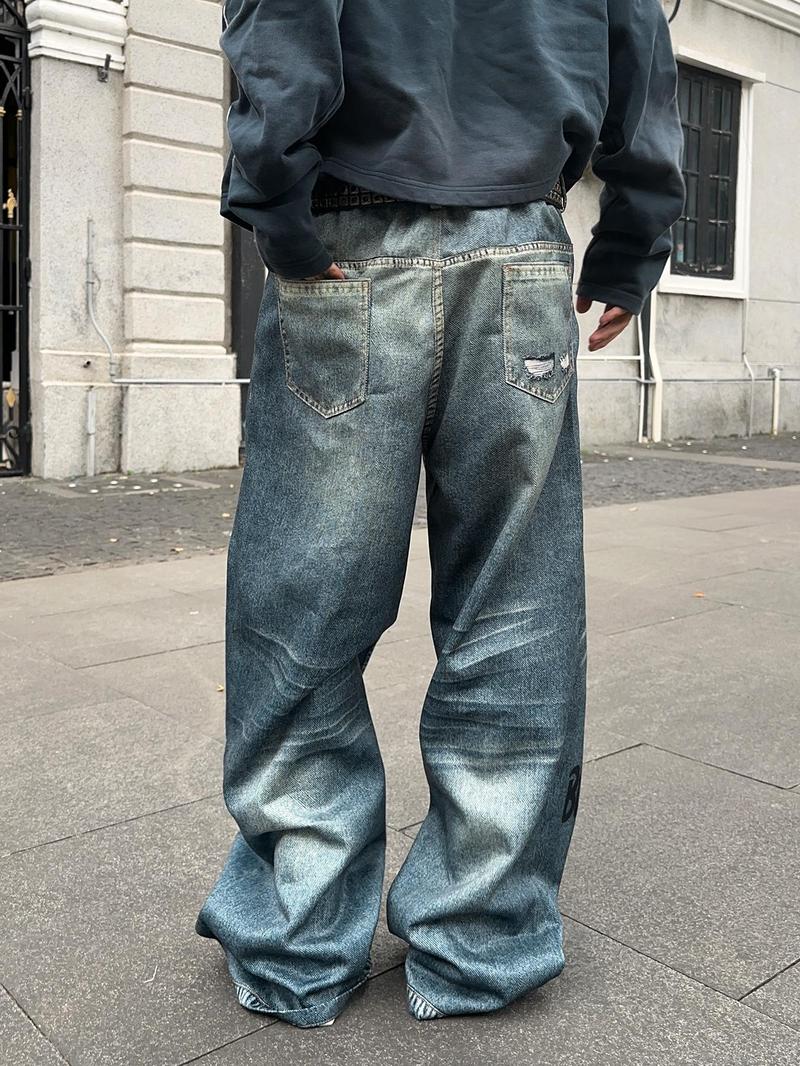 Men's Star Patched Denim Effect Print Pocket Wide Leg Pants, Loose Street Fashion Casual Pants for Daily Wear, Men's Bottoms for All Seasons, Casual Comfy Pants, Star Print Pants, Ripped Streetwear