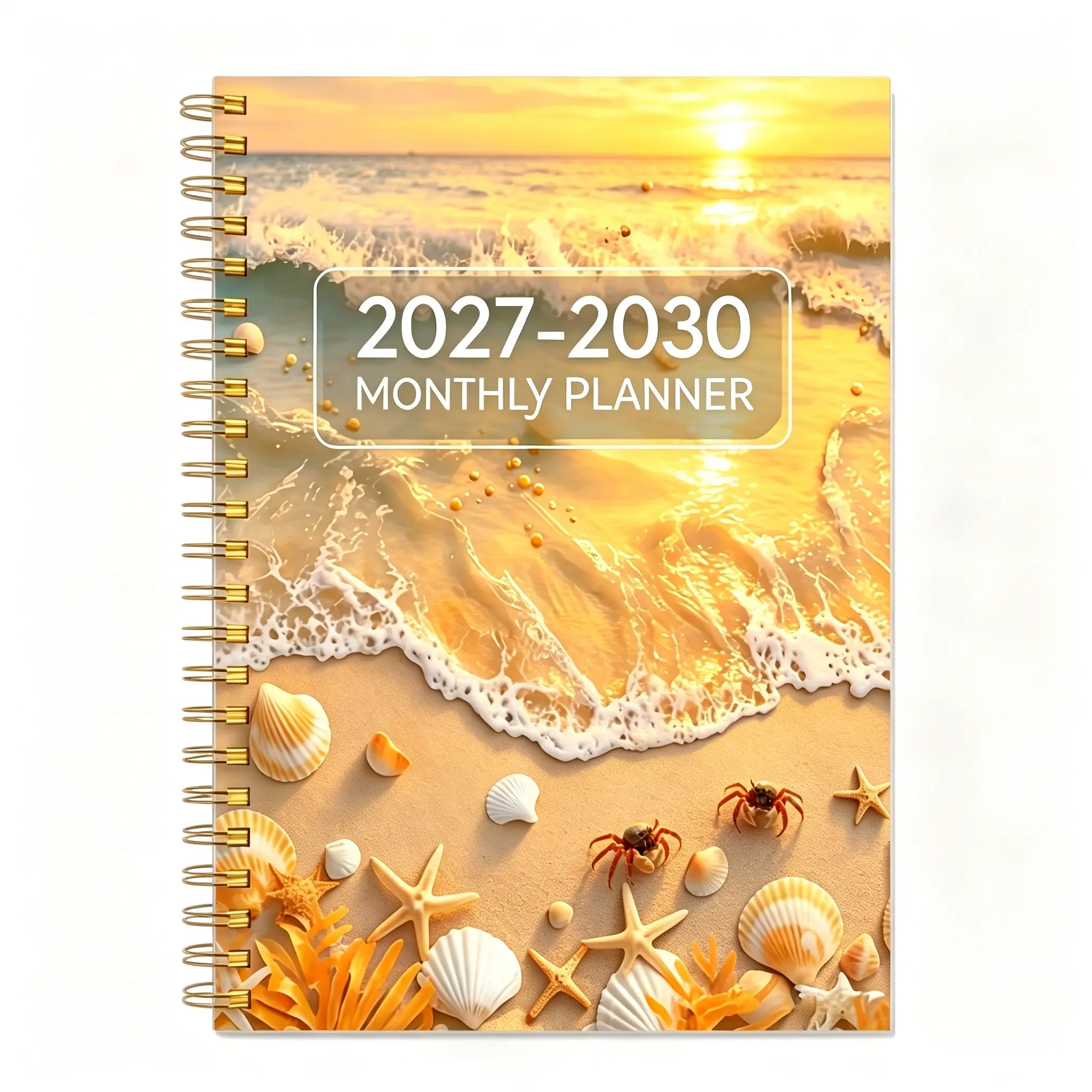 2027-2030 Four-Year Monthly Planner, Warm Gold Beach Aesthetic, Time Management Tool, Travel Planning, Life Journal, Long-Term Goals Tracker