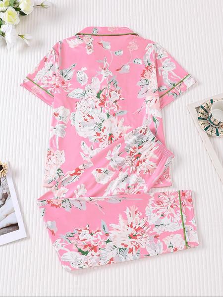 2 pieces of women's cotton print short sleeved pants sleepwear set Pajama Set with pockets suitable for all seasons, fashionable, comfortable, elegant and casual home wear