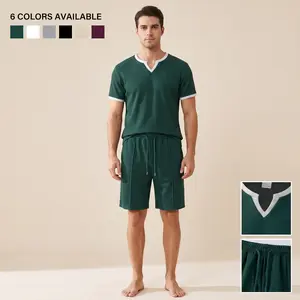 Men's 2026 Spring Waffle Knit Notch V Neck 2 Piece Outfit Contrast Ribbed Trim Short Sleeve T Shirt Drawstring Elastic Waist Shorts 6 Colors Breathable Loose Fit For Home Lounge Daily Wear Streetwear Casual Athletic Matching Set
