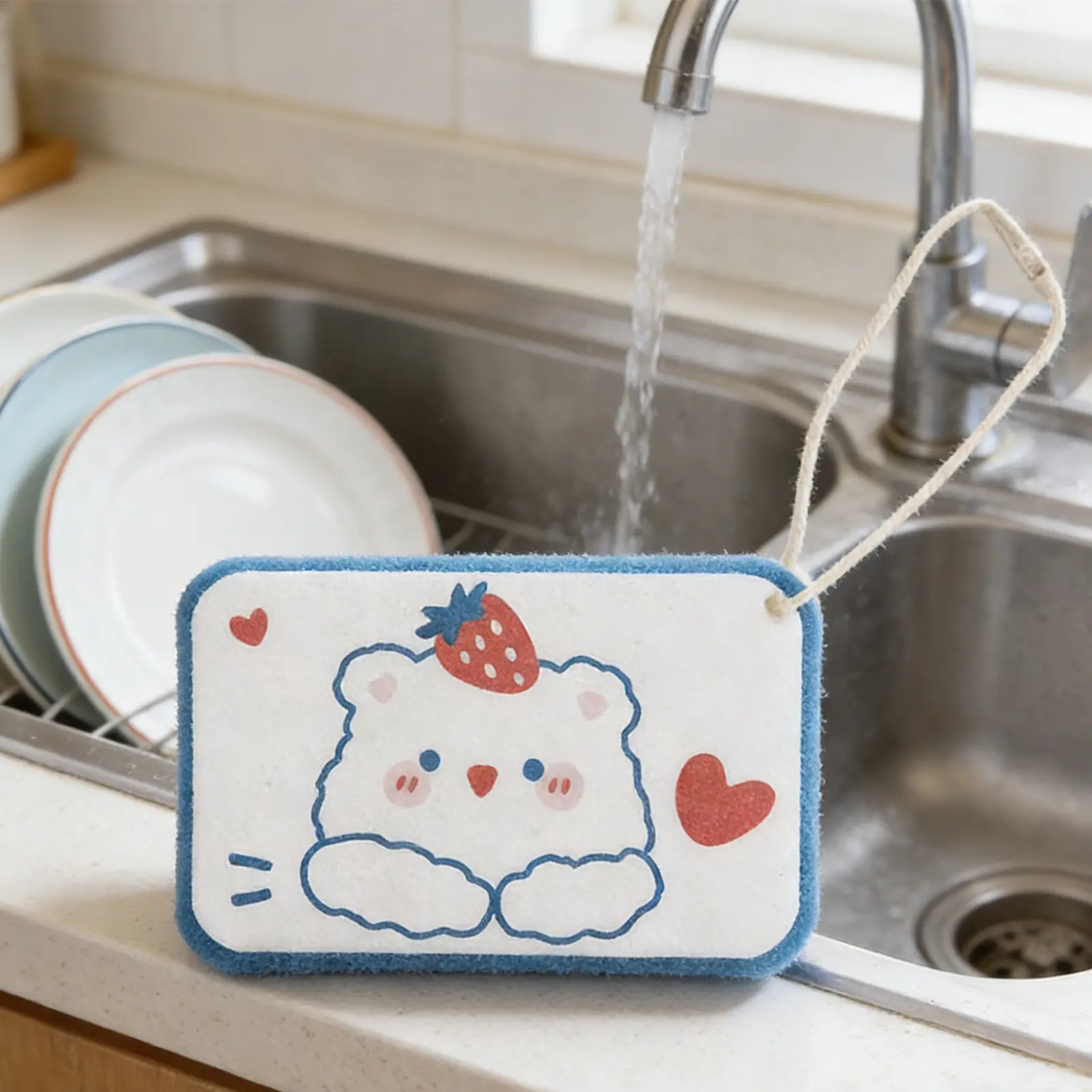 Cute Strawberry Bear Dish Sponge Scrub Pad with Hanging Rope, Fruit Themed Decor for Kitchen Washing & Cleaning
