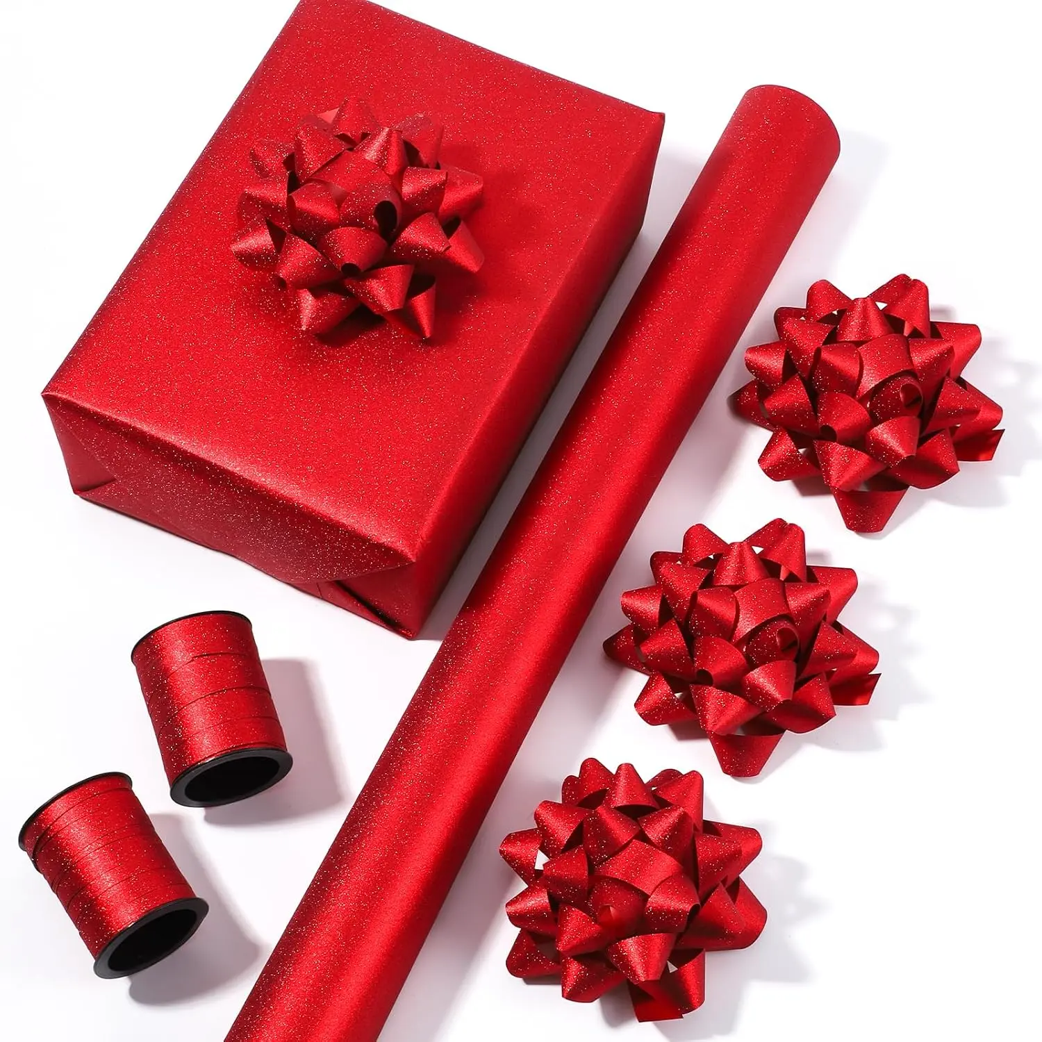 Glitter Wrapping Paper Roll Set with Bows & Ribbon, Sparkly Red  Wrap Kit, Metallic Shimmer  Wrapping Supplies for Birthday,  Shower, Wedding, Valentine’s Day, Christmas