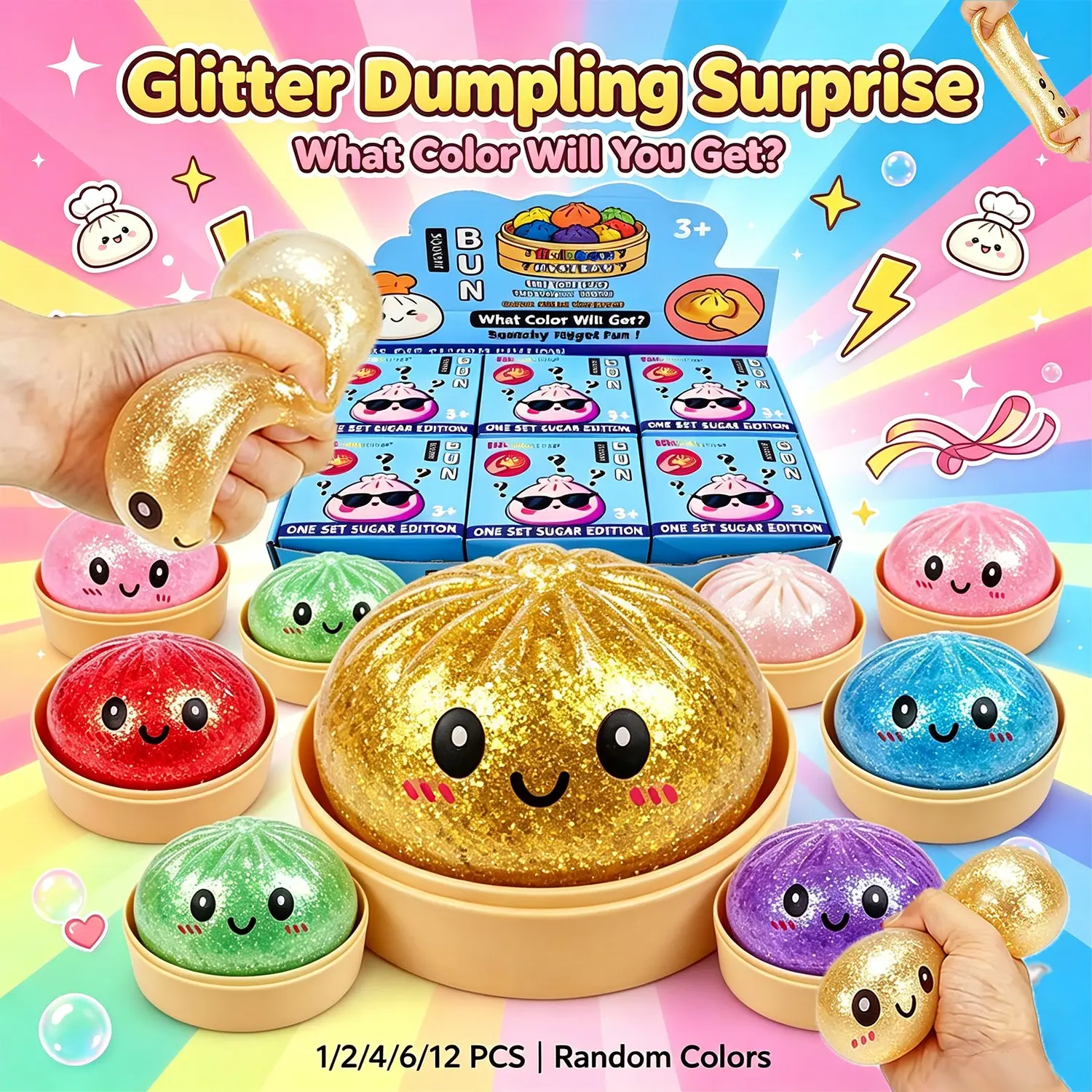 Glitter Dumpling Squishy Toy, Soft Gel Stress Relief Fidget Toy with Mini Steamer, Random Surprise Colors, Rare Golden Style, Steamed Dumpling Fidgets