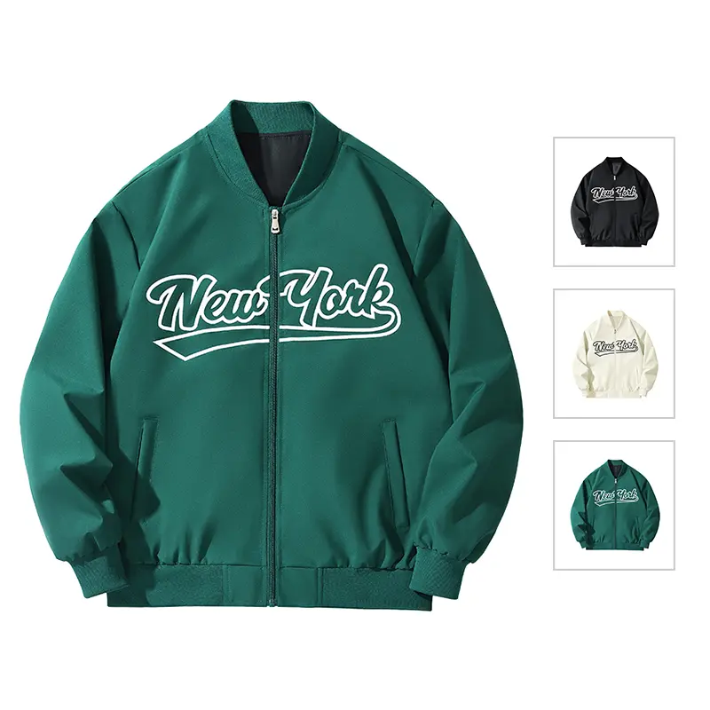 Men's 3-Color New York Script Embroidery Rib Collar Full-Zip Baseball Bomber Jacket - Wrinkle-Resistant, Lightweight, Windproof, Loose Oversized Casual Coat for Skate Street, Daily Commute (Spring Autumn), Silky, Jeans
