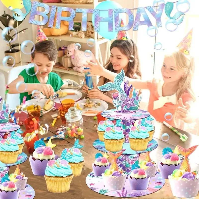 Mermaid 3‑Tier Cupcake Stand, Paper Dessert Display Holder, Ocean Theme Cup Cake Tower, Party Treat Tray for Kids Birthday, Under The Sea Party Decorations