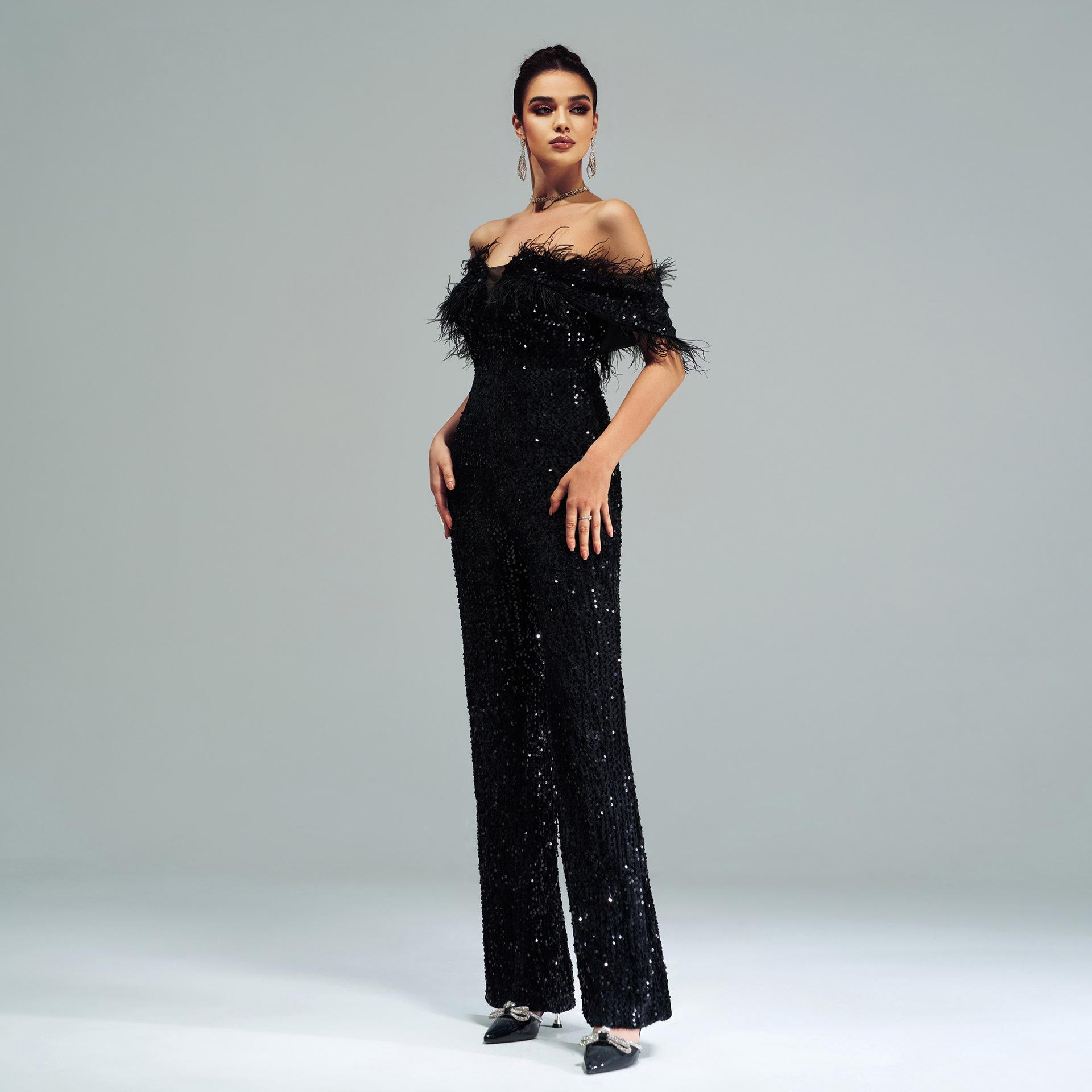 MISSORD Off Shoulder Feather Jumpsuits Womenswear Overalls Black Slight Stretch Back Zipper Padded